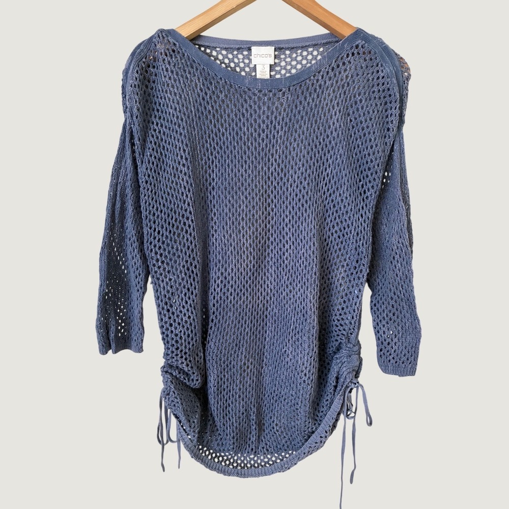 Chicos Blue Grunge Open Knit Cotton Sweater Drawstring Crochet Top Size 3